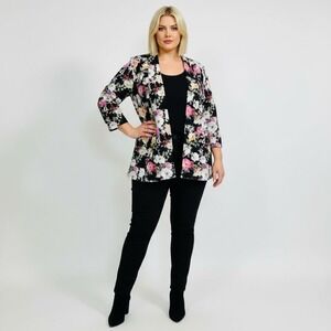 Hamilton Women Floral Stretchy Blazer Black‎ Pink Textured Knit Open Front Hook